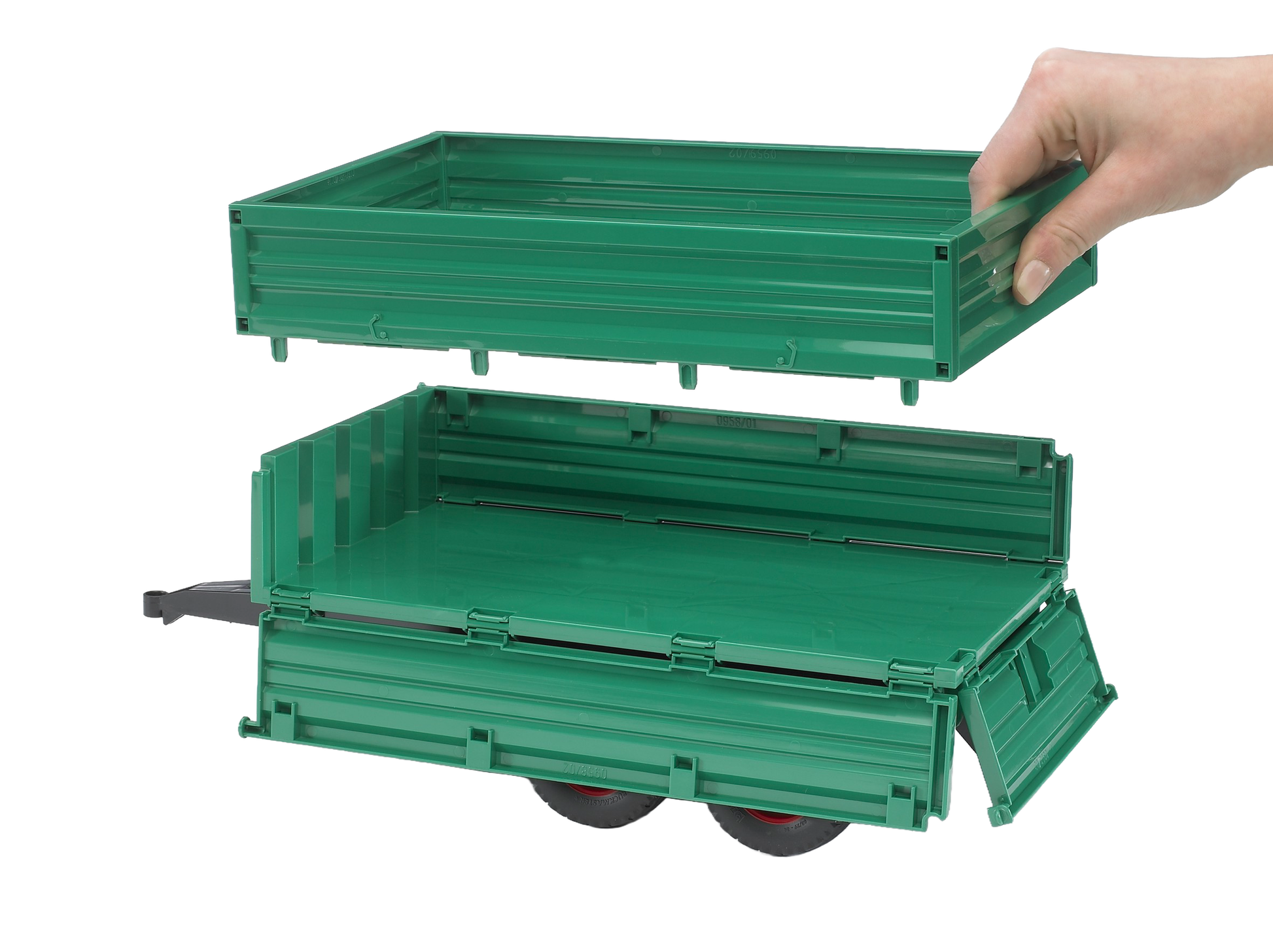 Green tandem axle trailer toy with removable top and opening gates on three sides from Bruder Toys collection