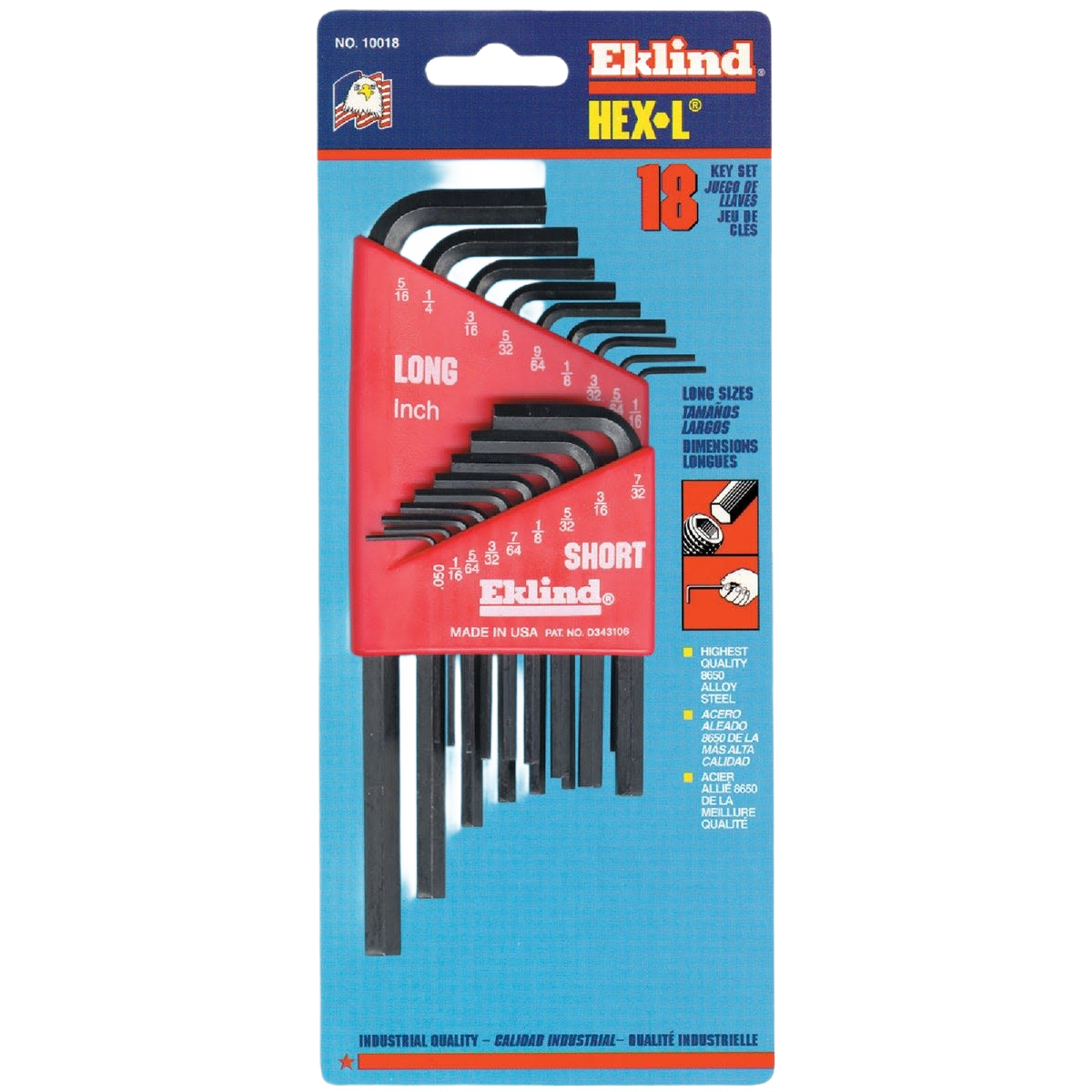 Set of 18 alloy steel combination hex keys with long and short sizes in red holder for tools and home improvement projects
