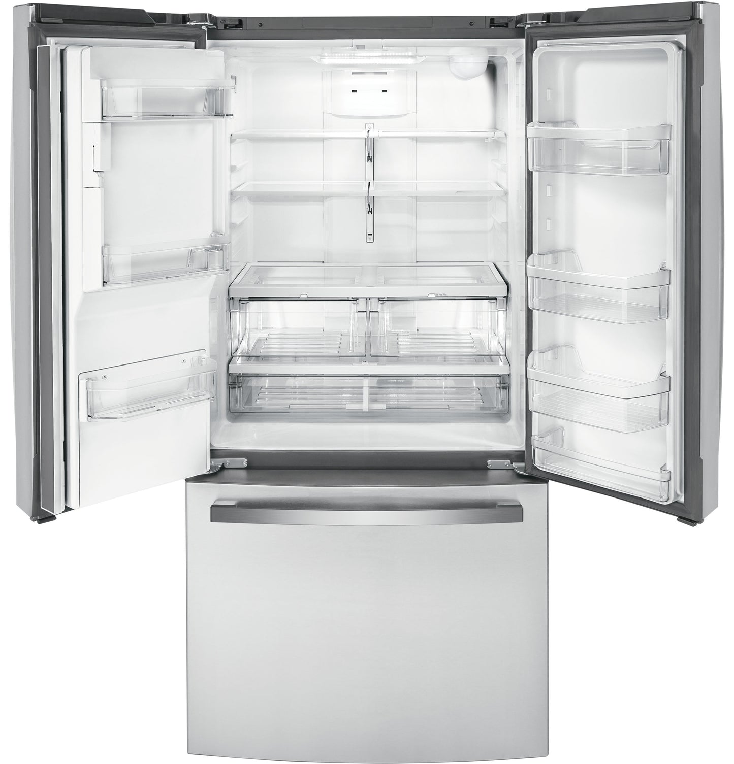 Open stainless steel French-door refrigerator with spacious adjustable shelves and bottom freezer drawer from kitchen appliances collection