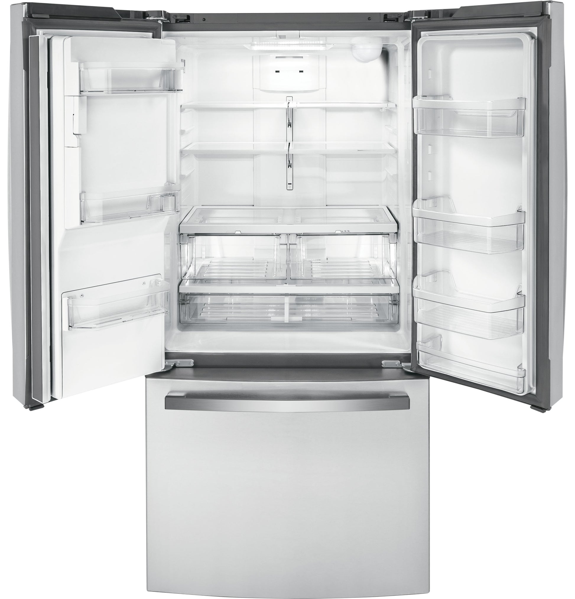 Open stainless steel French-door refrigerator with spacious adjustable shelves and bottom freezer drawer from kitchen appliances collection
