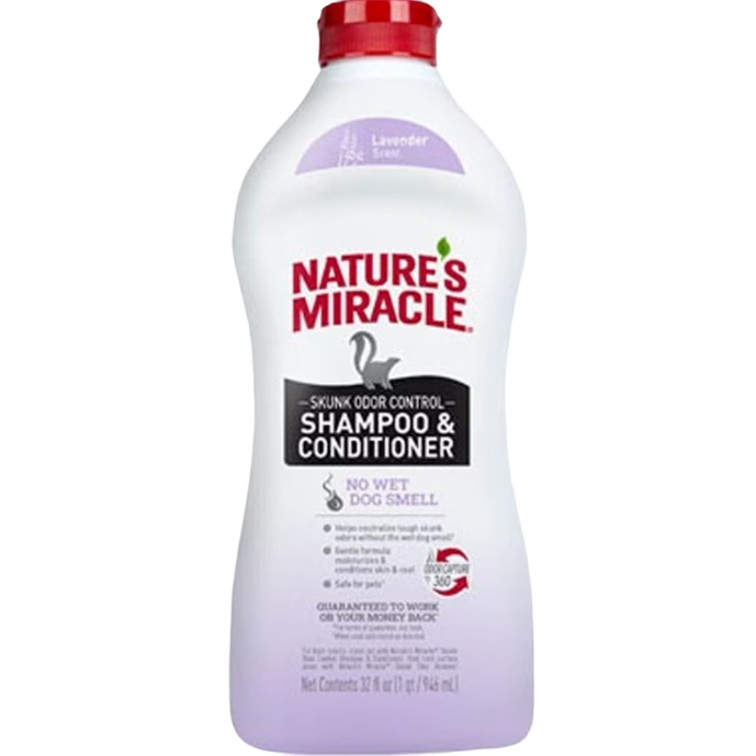 White and lavender shampoo bottle with red cap for skunk odor control and conditioning for pets