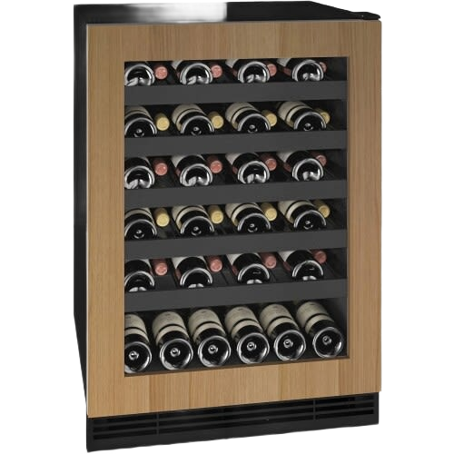Compact wine cooler with wooden frame and black shelves holding multiple bottles in kitchen appliances collection