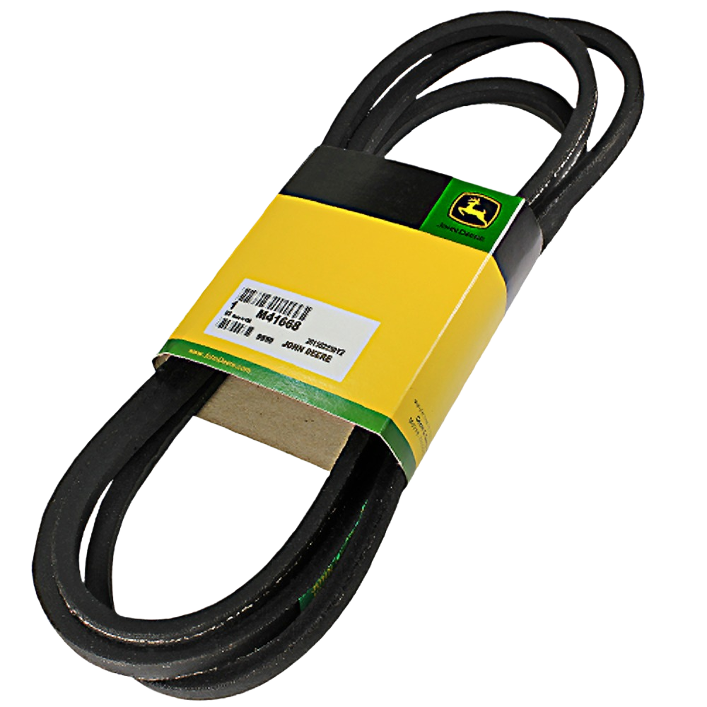 Black rubber secondary deck drive belt with yellow and green packaging for home improvement and tools use