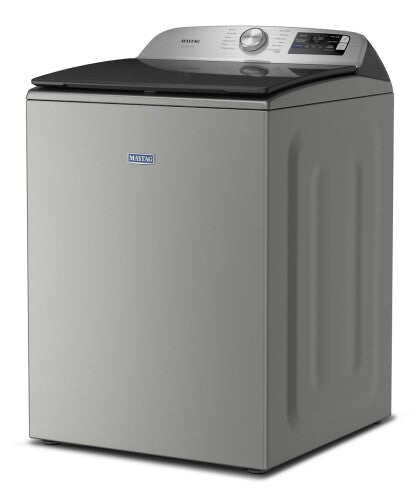 Silver smart top load washer with digital controls and large capacity for pet hair removal in home appliance setting
