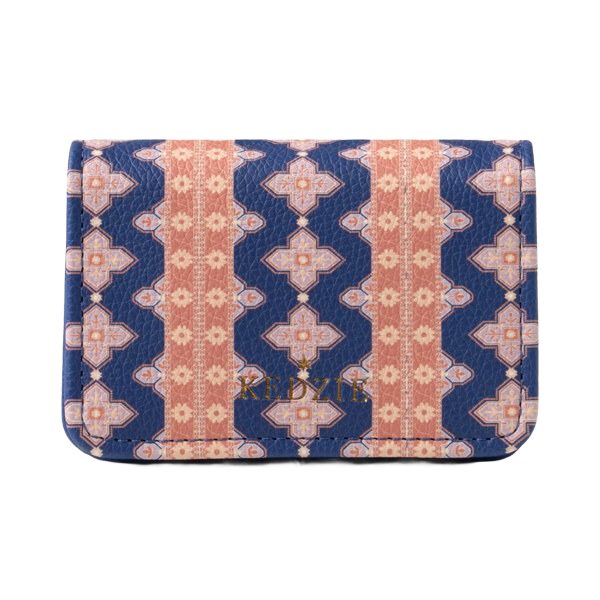 Mini vegan leather wallet with blue and peach geometric stripes and gold Kedzie logo, under $50 in Accessories and Bags & Wallets