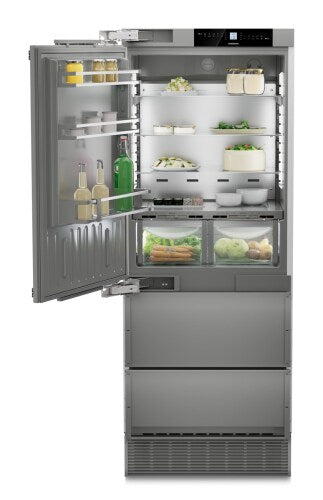 Built-in stainless steel refrigerator/freezer with BioFresh drawers, ice maker, and digital control panel in kitchen appliances collection