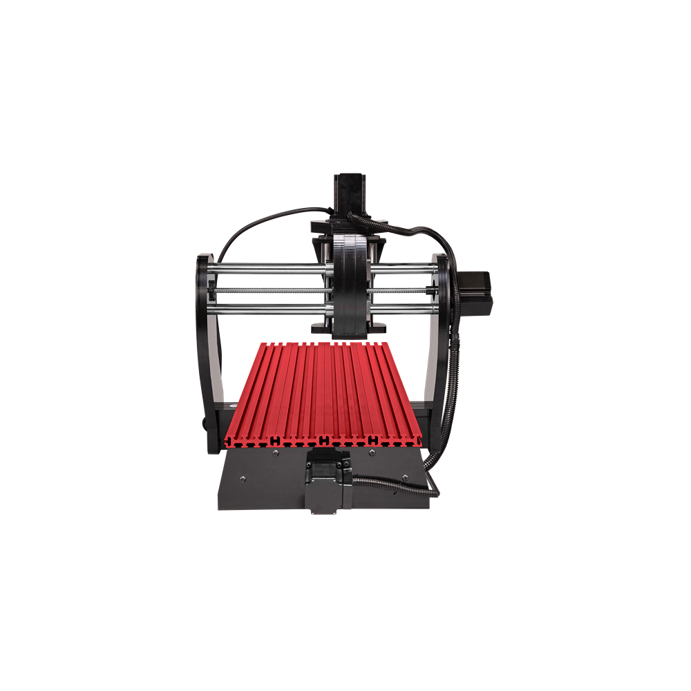 Compact CNC router with red aluminum bed and black frame designed for precise home improvement and tool projects