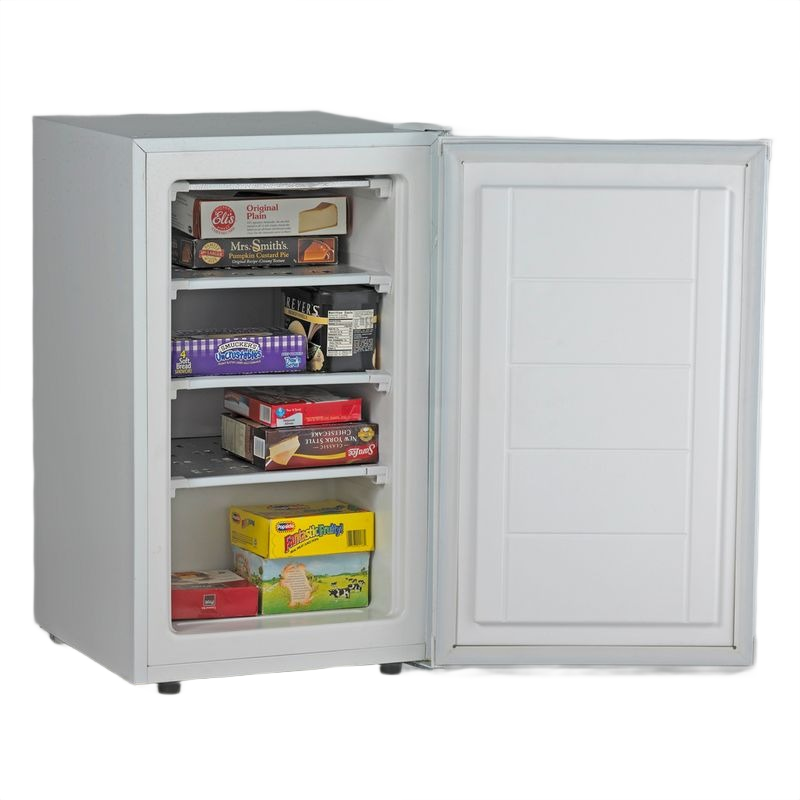 Compact white vertical freezer with shelves stocked with frozen food boxes in Freezers & Ice Makers and Kitchen & Kitchenware collections