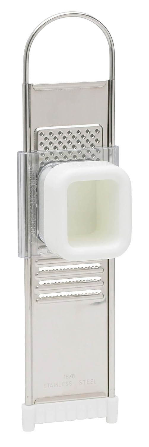 Stainless steel garlic slicer and grater with white plastic guard, part of kitchen utensils and under $50 collections.