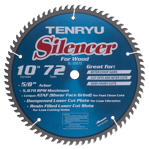 Tenryu 10-inch 72-tooth wood cutting silencer blade with 5/8-inch arbor for woodworking and power tools collections