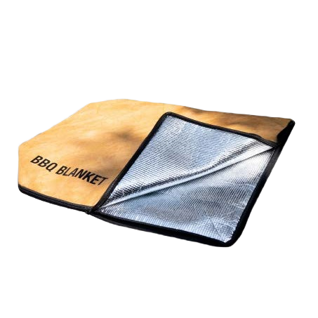 Reflective insulated BBQ blanket with tan exterior and black trim for heat retention during outdoor grilling tasks