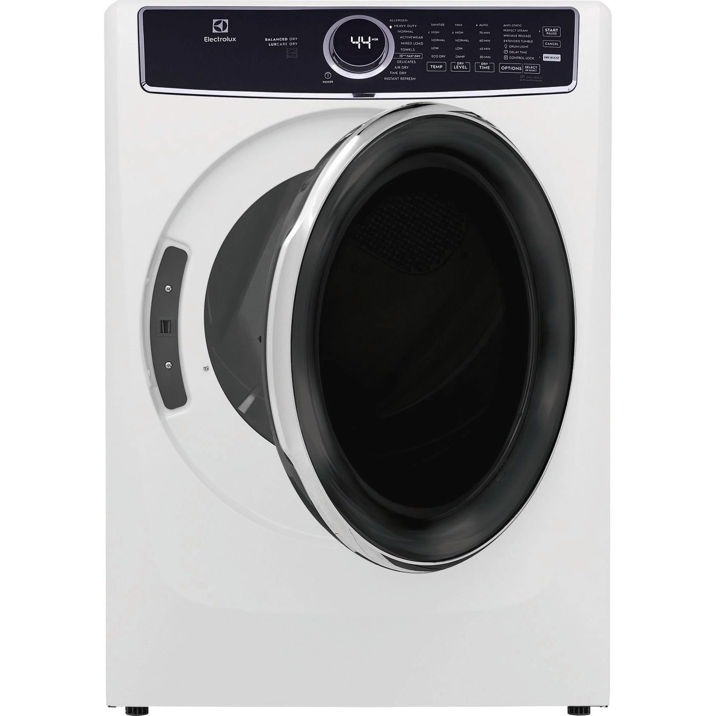 White front load electric dryer with large tinted glass door and digital control panel from dryers collection
