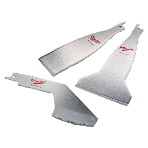 Three metal material removal blades with Milwaukee logo for woodworking and power tool accessory collections