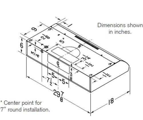 Technical drawing of a 30-inch under-cabinet range hood with detailed measurements for kitchen installation projects.