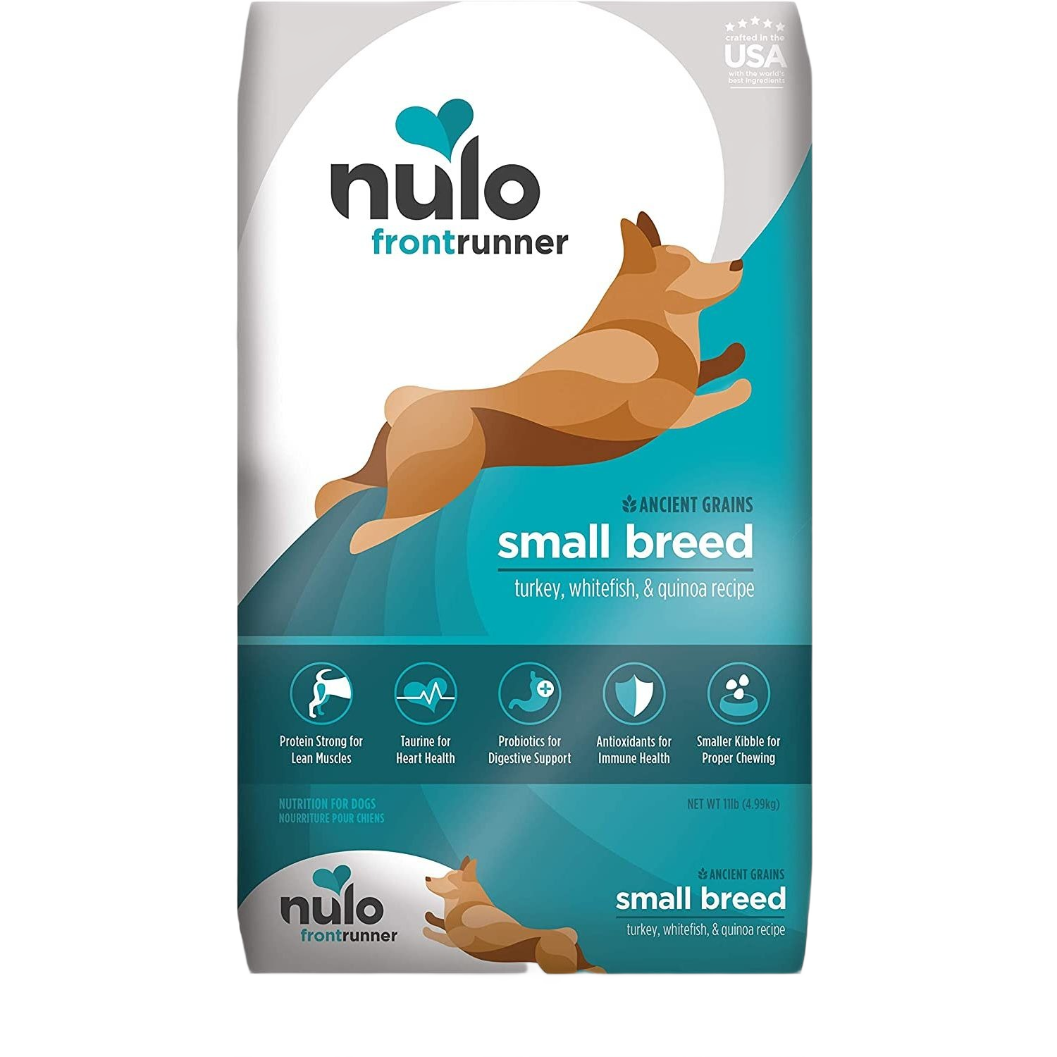 Bag of Nulo Frontrunner dry dog food for small breeds featuring turkey, whitefish, quinoa recipe in pet food collections