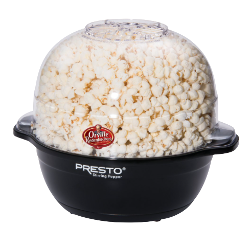 Black electric popcorn popper with clear dome lid full of popped kernels for small kitchen appliances collection