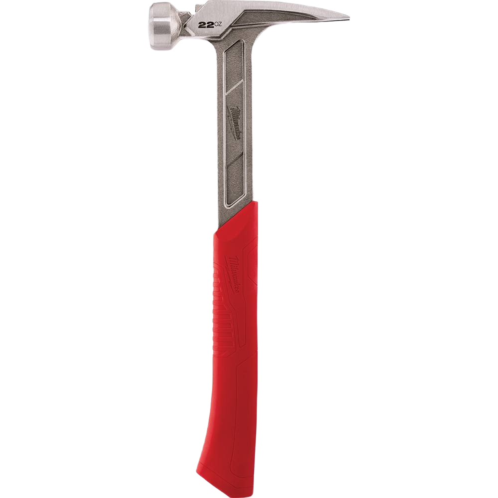 Smooth face framing hammer with red ergonomic handle designed for home improvement and carpentry tasks