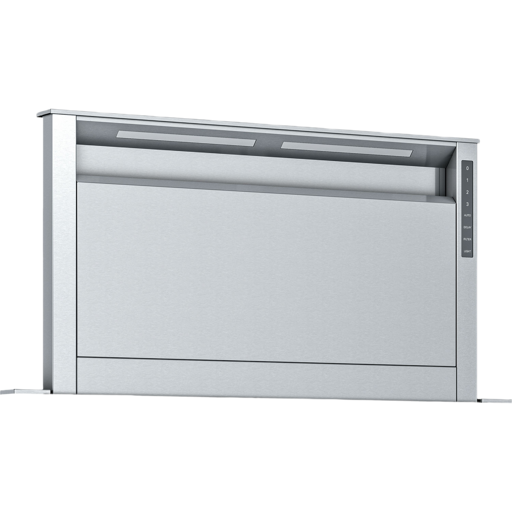 Stainless steel downdraft vent with digital control panel for kitchen ventilation from Thermador appliances collection