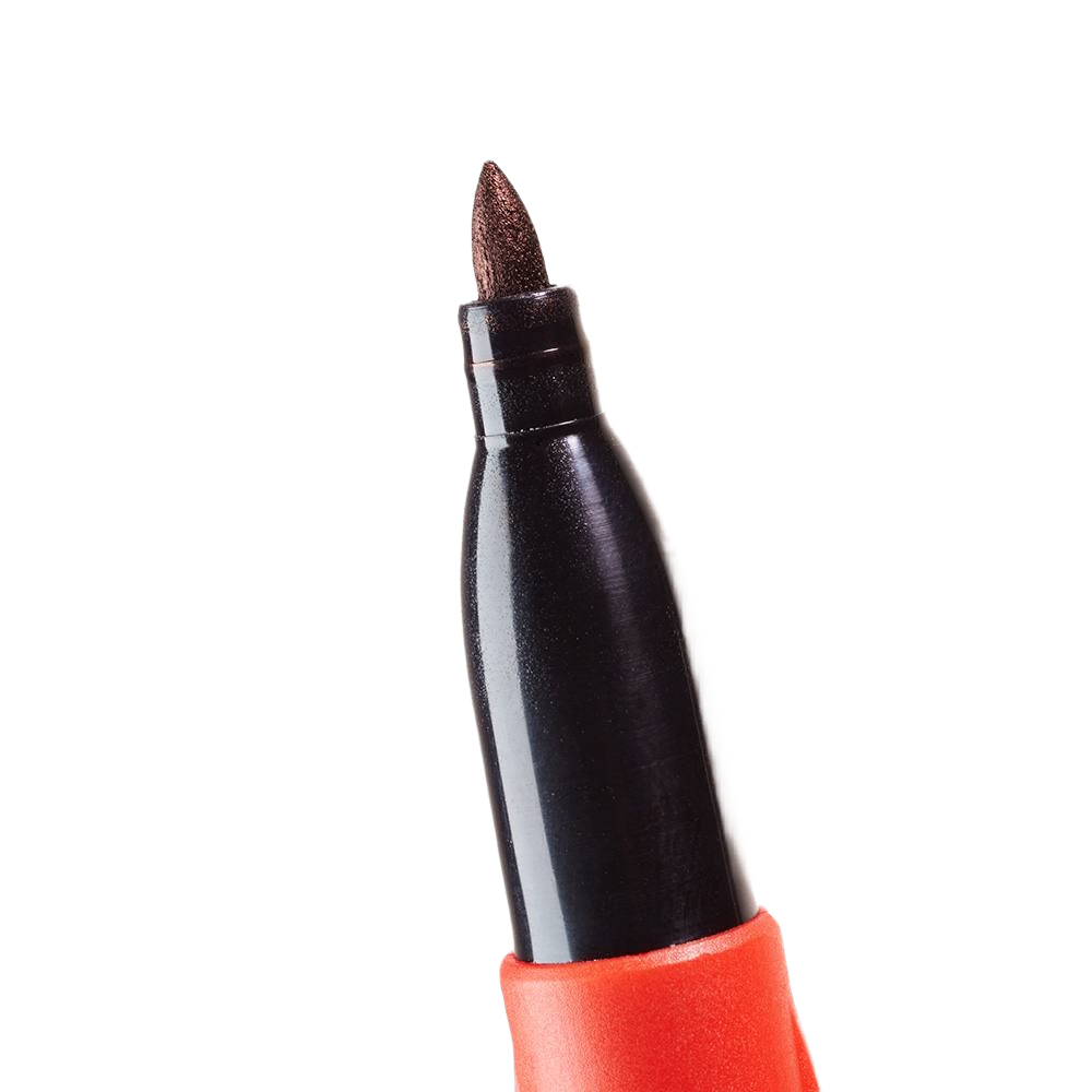 Close-up of black fine point marker tip with red barrel, ideal for writing on rough and dusty job site surfaces.