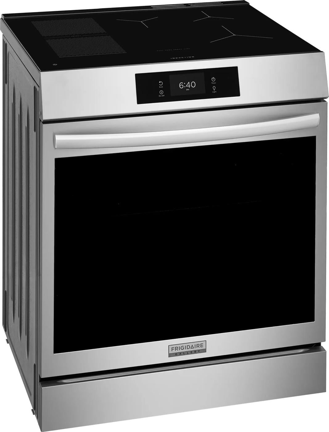 Stainless steel 30-inch front control induction range with digital display and smooth cooktop in kitchen appliances collection