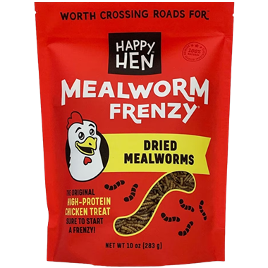 Red packaging of Happy Hen dried mealworms chicken treat with high-protein for poultry feeding