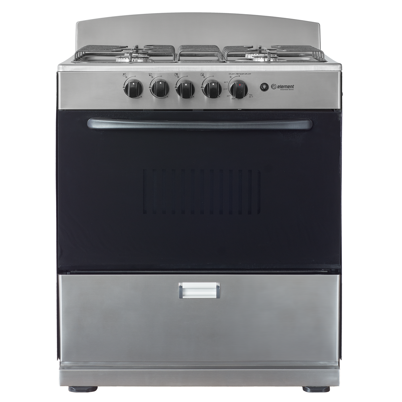 Stainless steel 4-burner gas range with black oven door, control knobs on front panel, and spacious lower storage drawer, suitable for Kitchens & Kitchenware and Appliances collections.