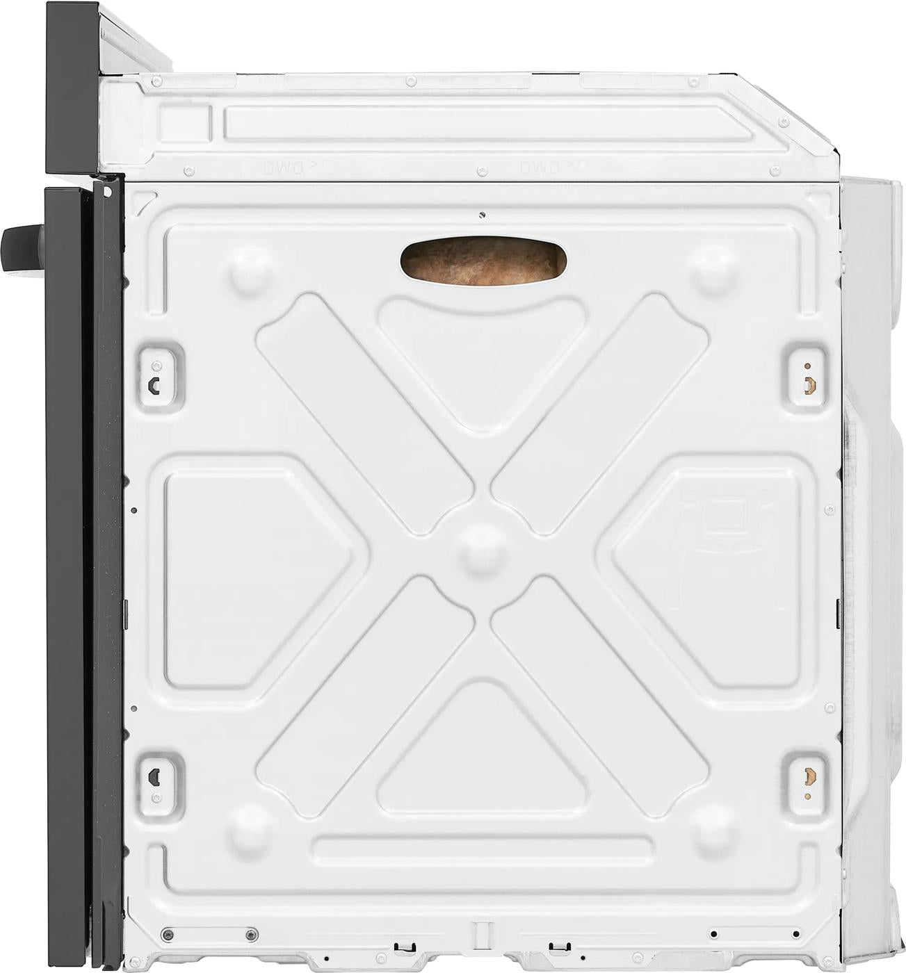 Side view of white metal casing and black control panel of single electric wall oven in kitchen appliances category