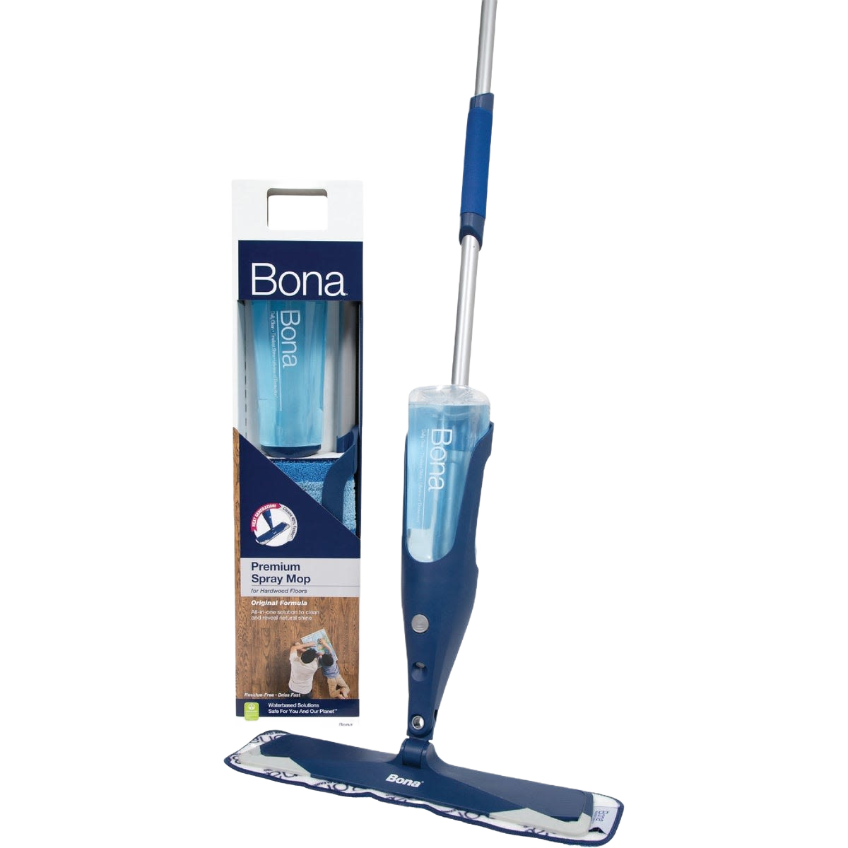 Blue and silver hardwood floor spray mop with microfiber pad and cleaning solution in packaging for floor care cleaning tools collections