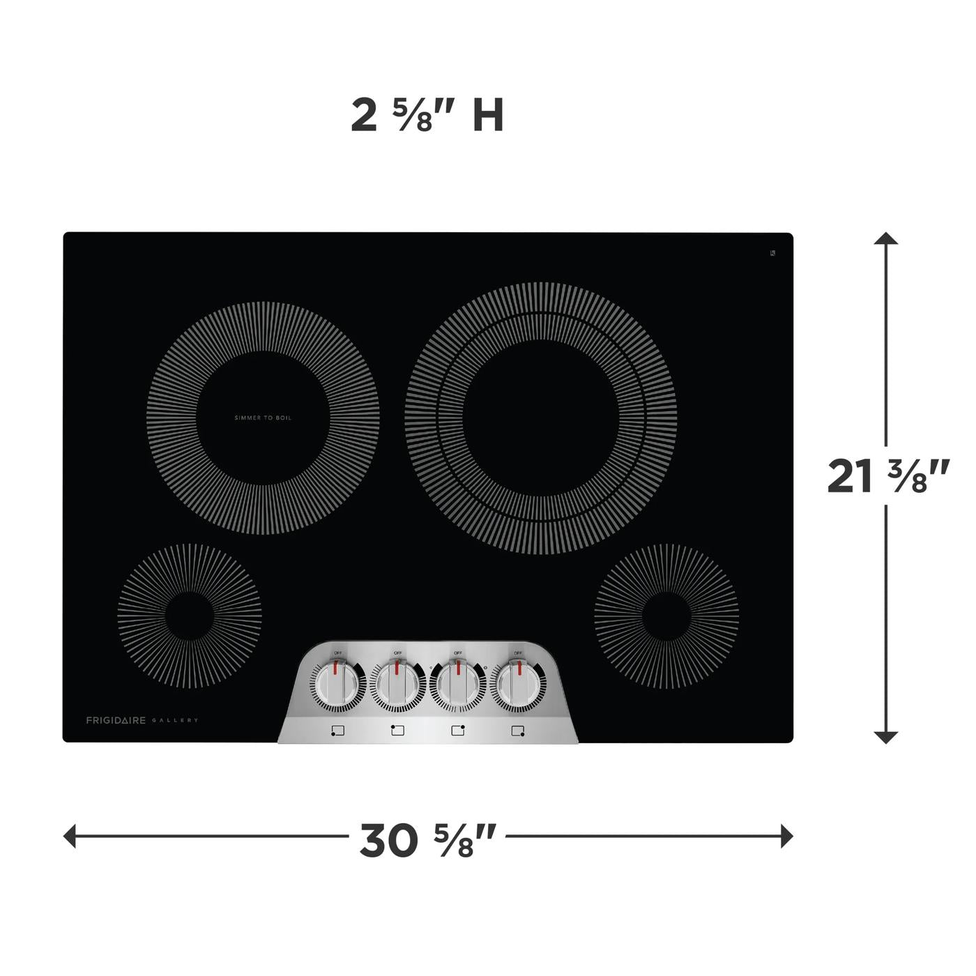 Top view of black electric cooktop with four burners and silver control knobs with size dimensions visible