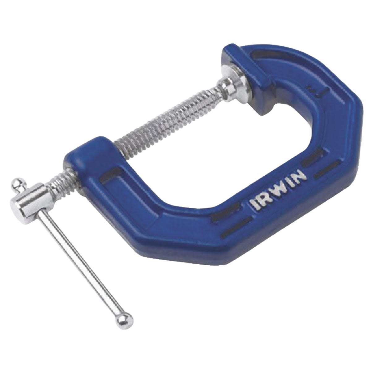 Blue metal C-clamp with screw mechanism designed for home improvement and woodworking tasks