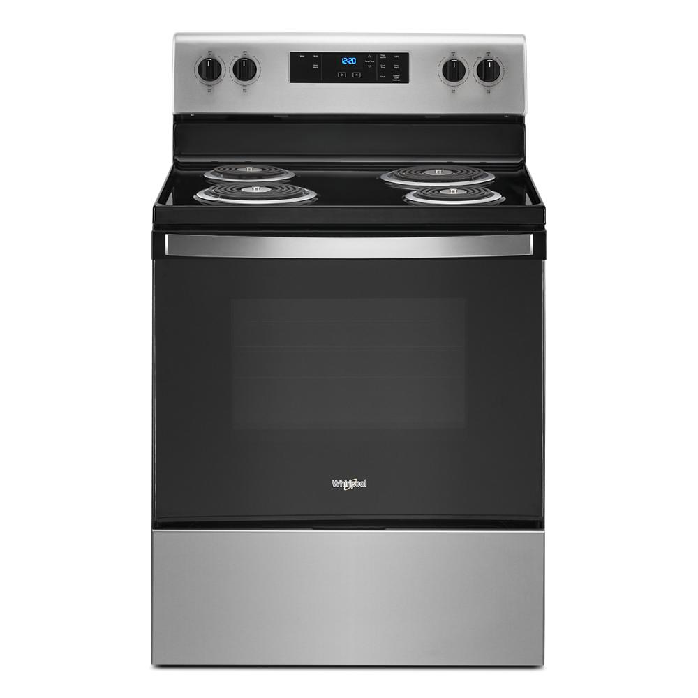 Whirlpool stainless steel electric range with four coil burners and digital control panel from ranges and appliances collection