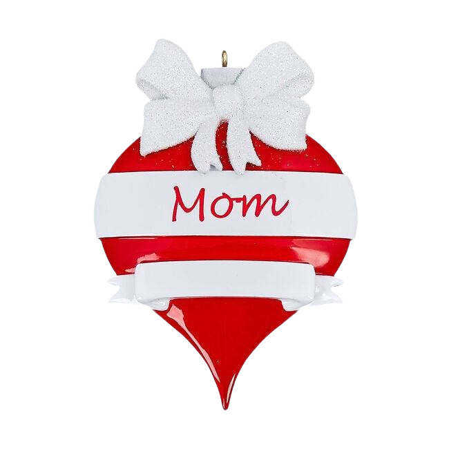 Red teardrop Christmas ornament with white bow and "Mom" text from Christmas Ornaments & Tree Decorations collection