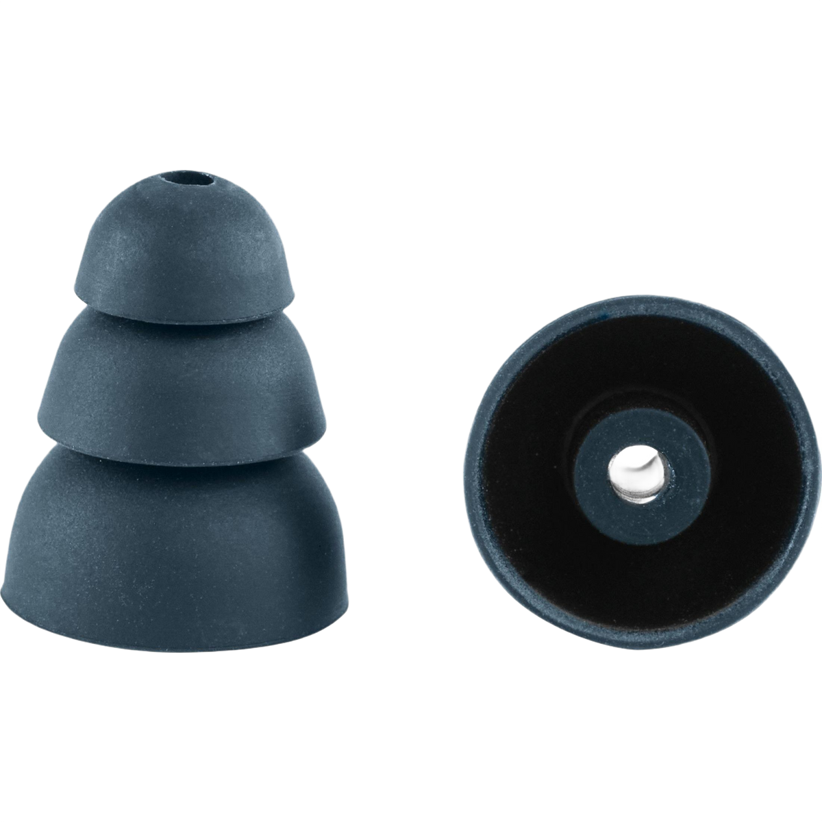 Black triple-flange ear plugs designed for hearing protection in tools and home improvement environments