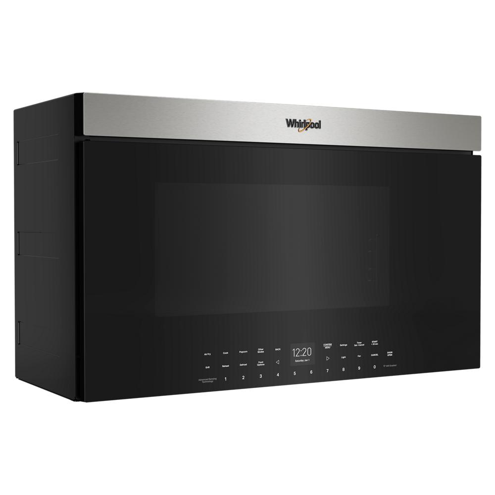 Side view of black and stainless steel air fry microwave with digital touch controls in Appliances collection