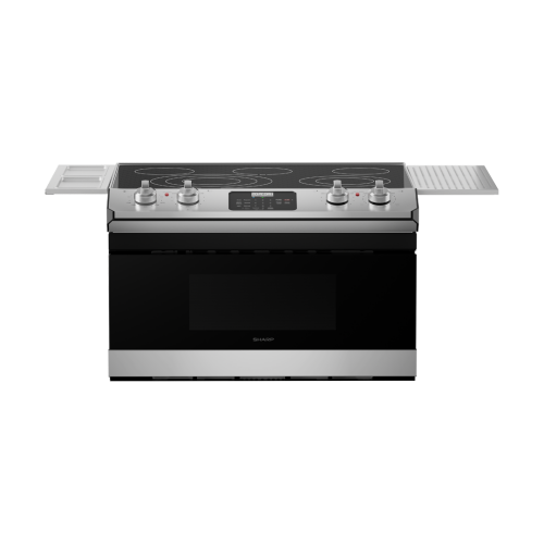 30-inch smart electric range with smooth glass cooktop, microwave drawer, control knobs, and LED display in kitchen appliances collections