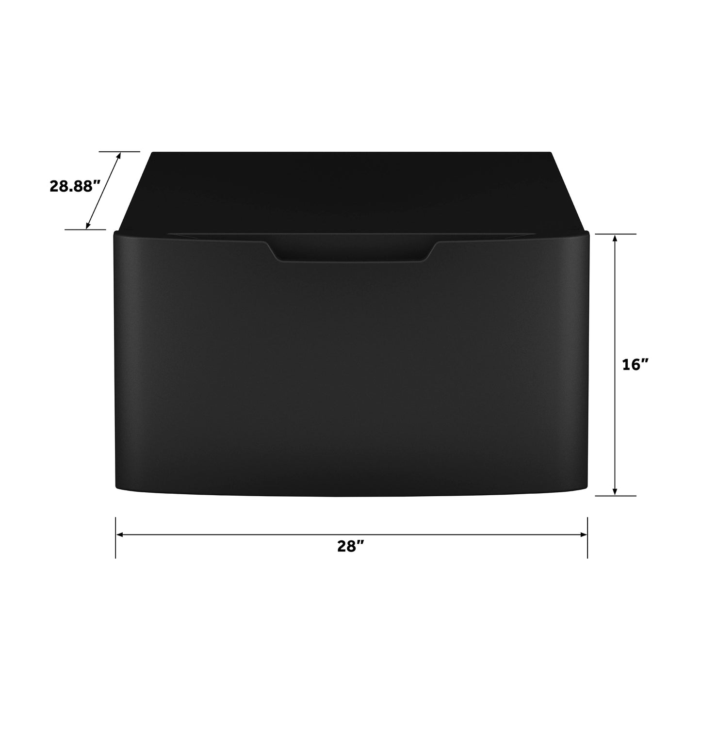 Black laundry pedestal with recessed handle and dimensions, part of appliance parts and accessories collection