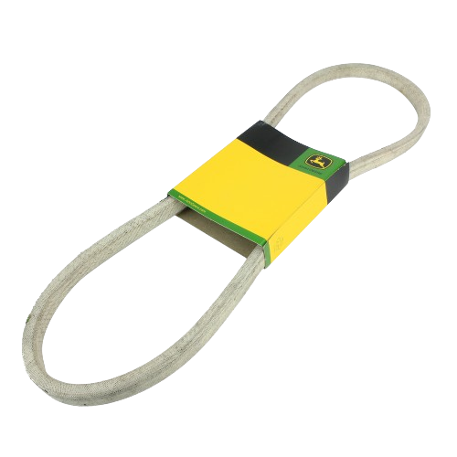 Looped drive belt with branded yellow and green packaging for automotive and John Deere parts collections