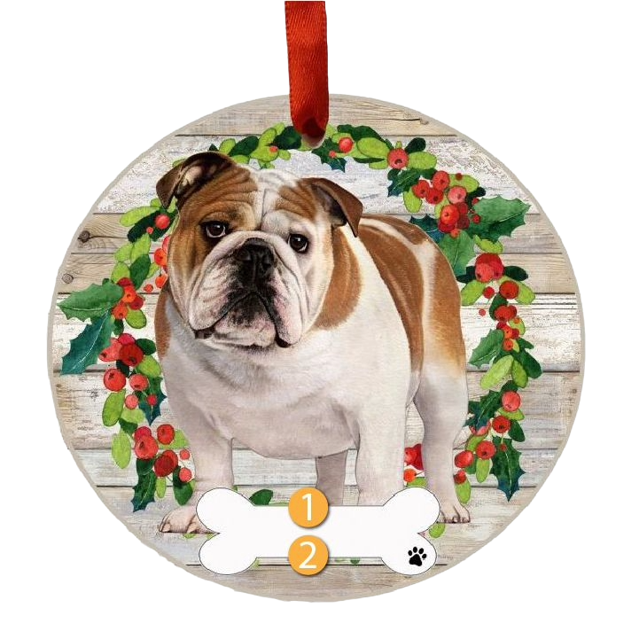 Round Christmas ornament with a bulldog image inside a festive holly wreath and bone-shaped nameplate under $25 collection