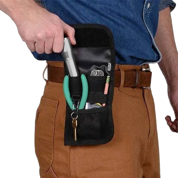 Black utility holster clipped to belt holding pliers, flashlight, keys, and other tools for home improvement tasks