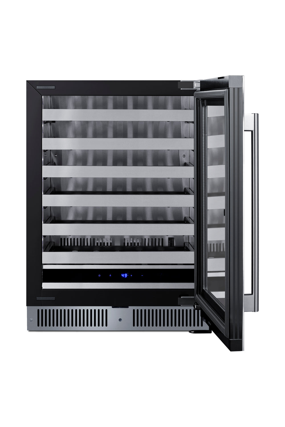 Built-in wine cellar with glass door, stainless steel handle, digital display, and adjustable shelving in beverage centers collection