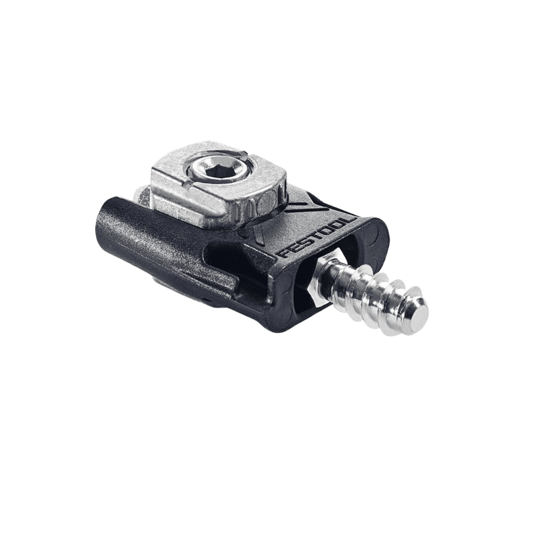 Black and silver corner connector screw designed for woodworking tool accessories and home improvement tasks.