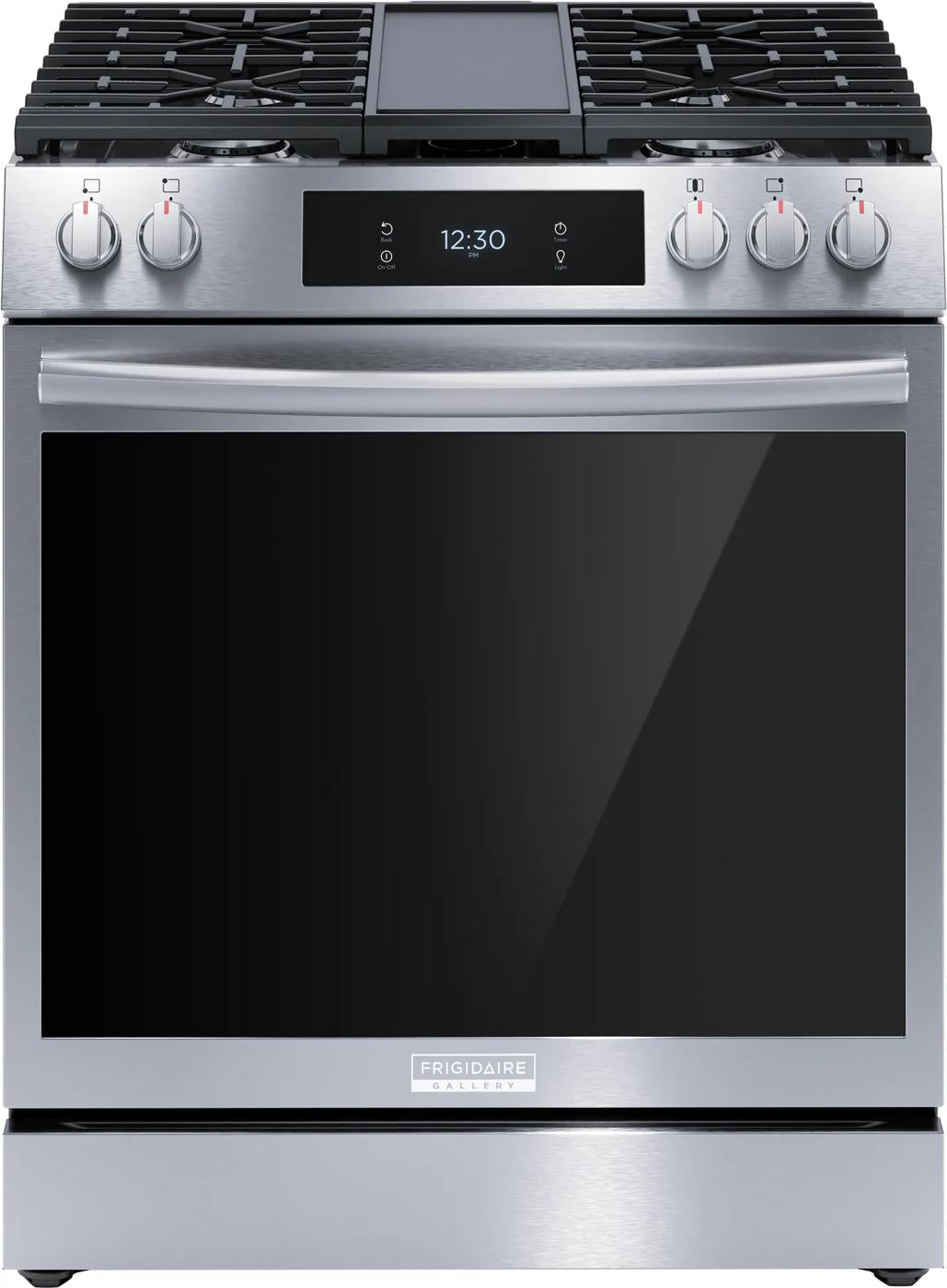 front view of stainless steel gas range with digital display, five burner cooktop, and large oven window from ranges collection