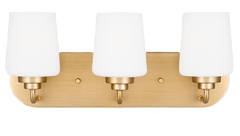 Three-light satin brass wall sconce with etched glass shades, ideal for bathroom and vanity lighting fixtures