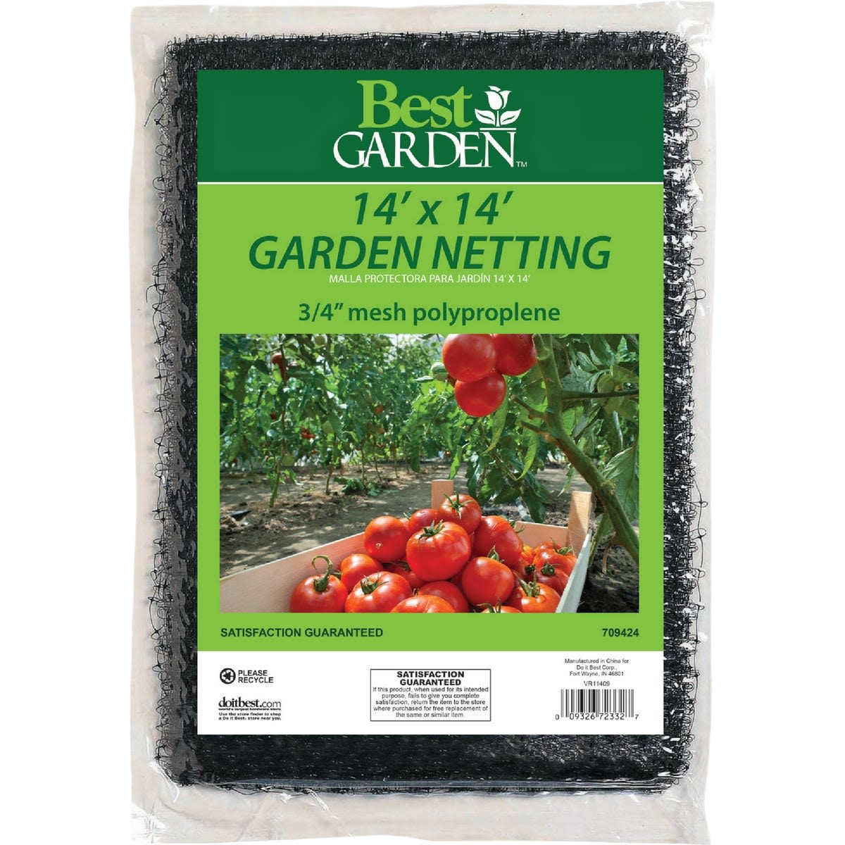 Black 14 by 14 foot polypropylene garden netting with 3/4 inch mesh for plant protection and home improvement use