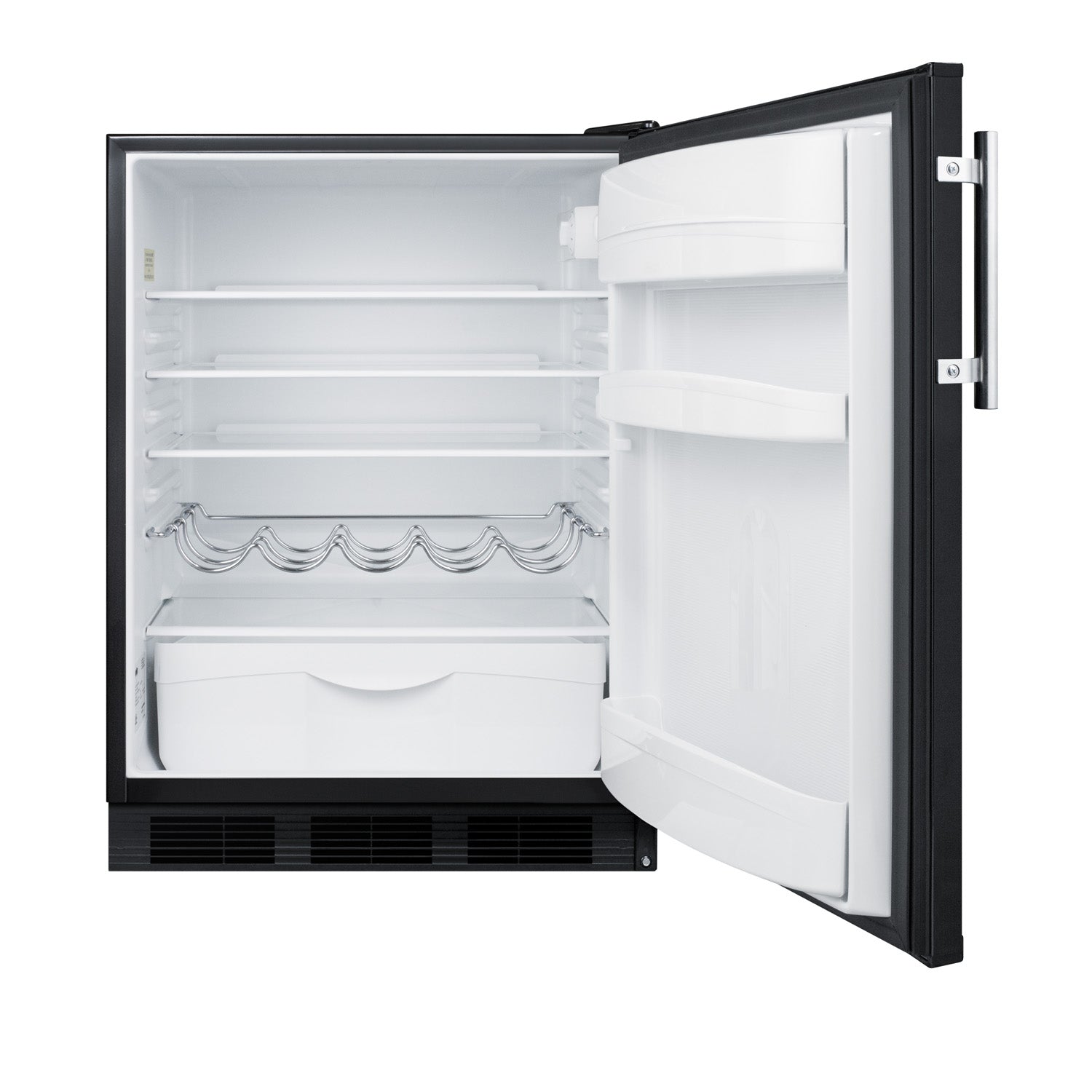 Open black undercounter refrigerator with white interior, adjustable shelves, wine rack, and door storage compartments