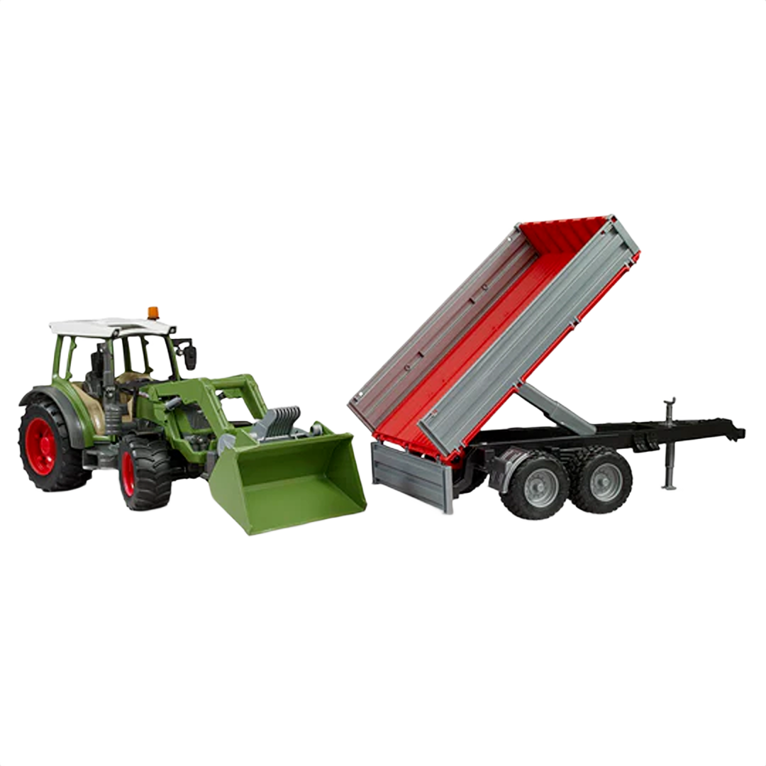 Green toy tractor with front loader attached to red and gray tipping trailer for farm role play and display