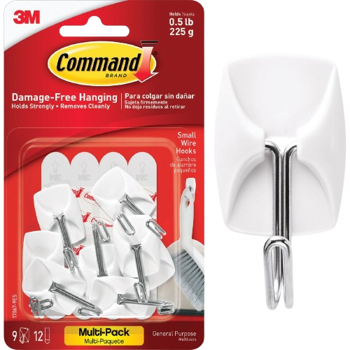 White adhesive-backed wire hook with metal hook in 9-pack for damage-free hanging in hardware and fasteners collections