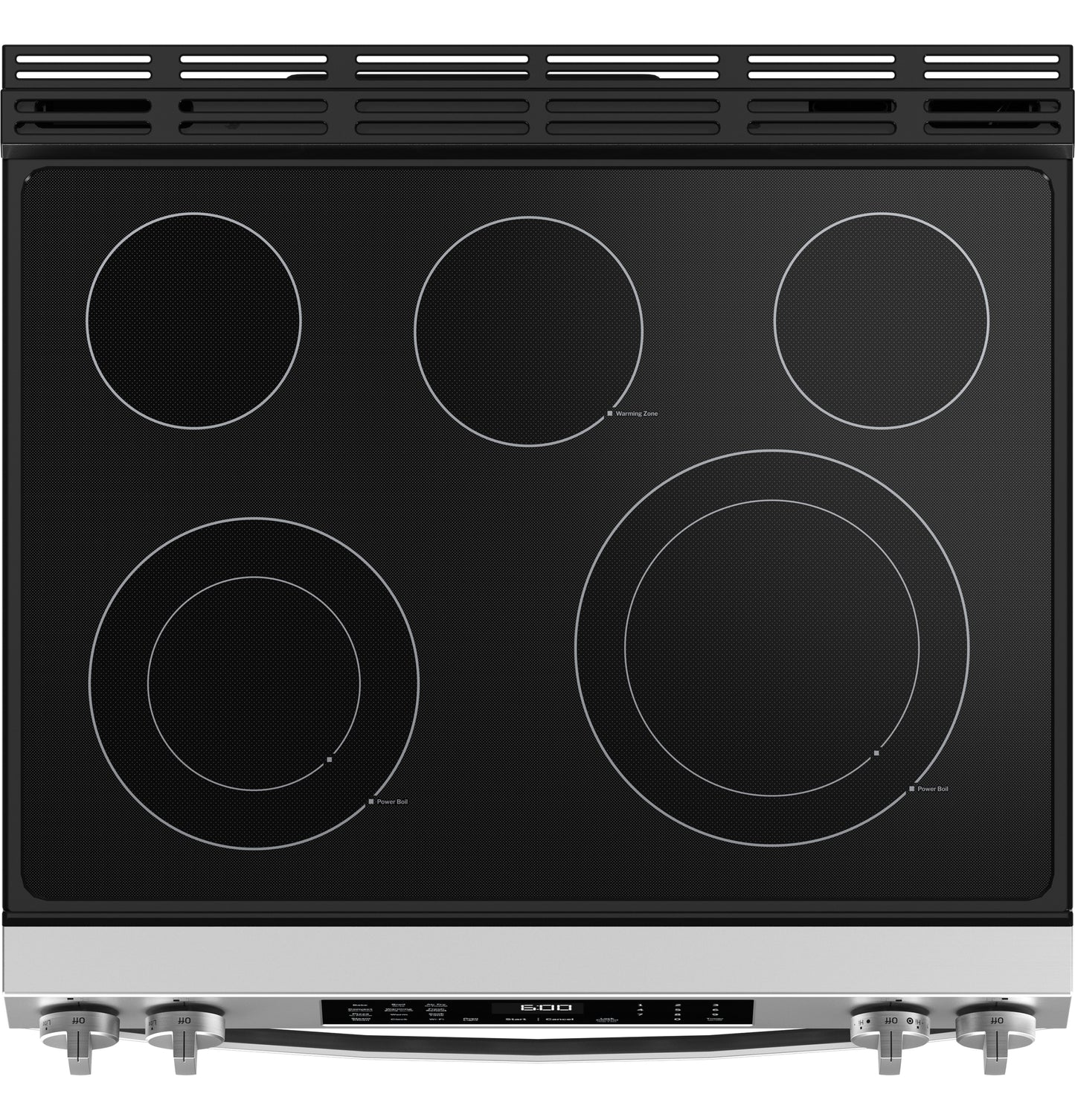 Black smooth glass electric cooktop with four burners and stainless steel control knobs from Ranges & Kitchenware collection