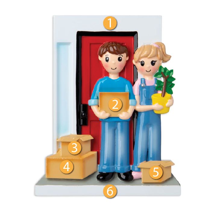 Decorative moving-in couple ornament with red door and boxes for Christmas tree and holiday décor under $50