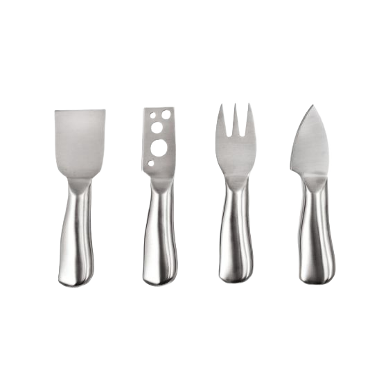 Set of four stainless steel cheese tools including spreader, slicer, fork, and knife for kitchenware collections